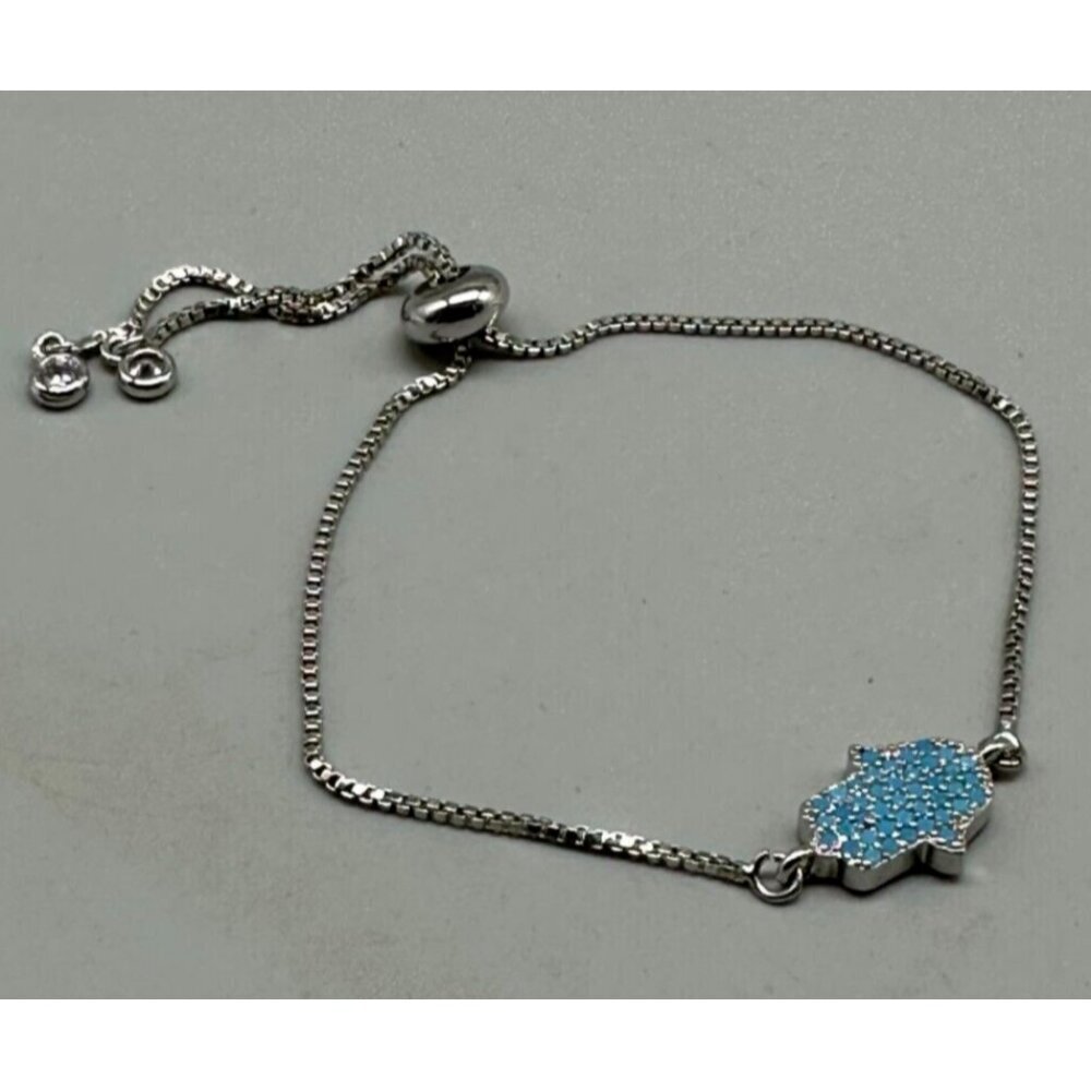 3/$30 Hamsa Hand Bracelet Silver Tone Blue Charm Adjustable Bolo Pull Chain